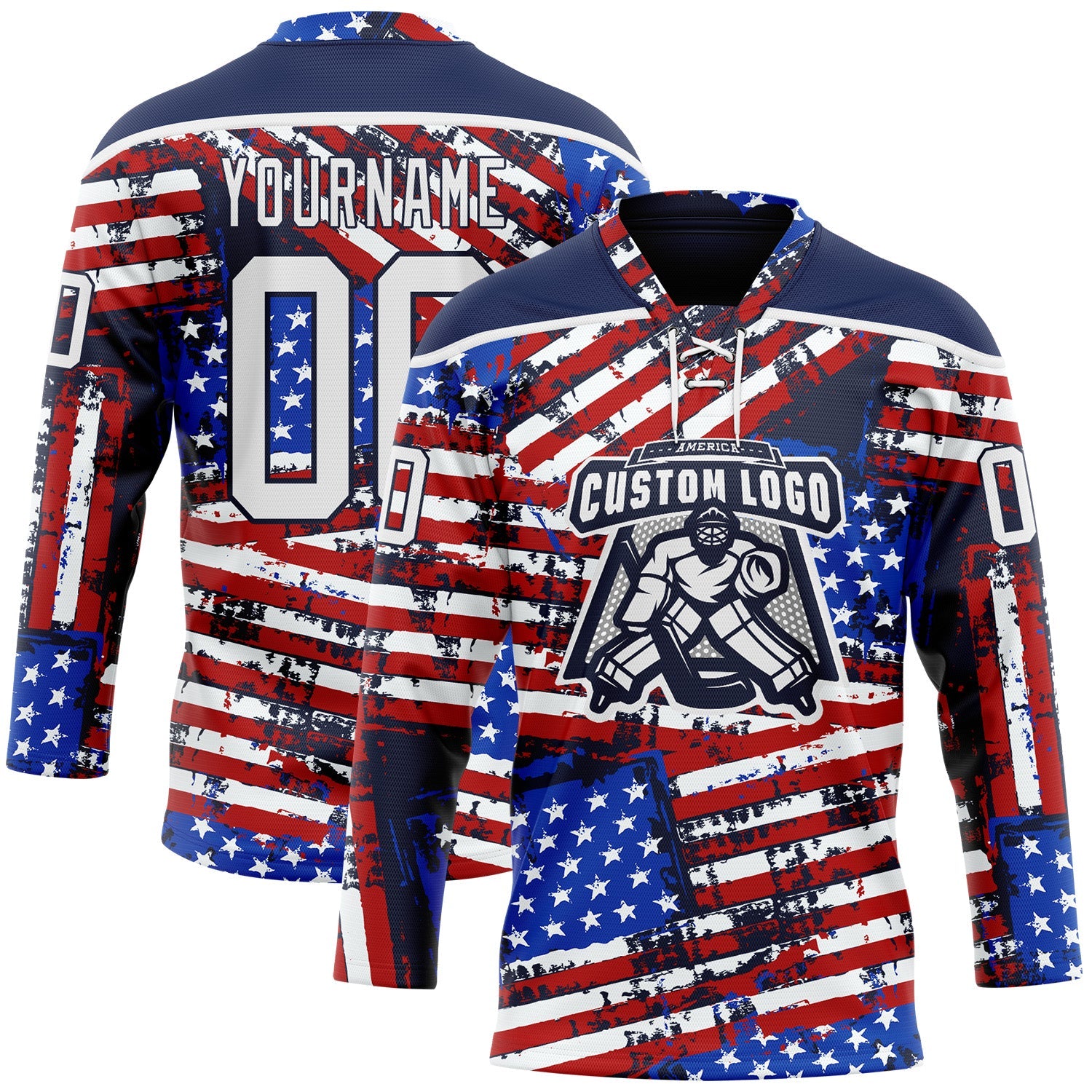 Custom Navy White Red-Royal American Flag Grunge Hockey Lace Neck Jersey