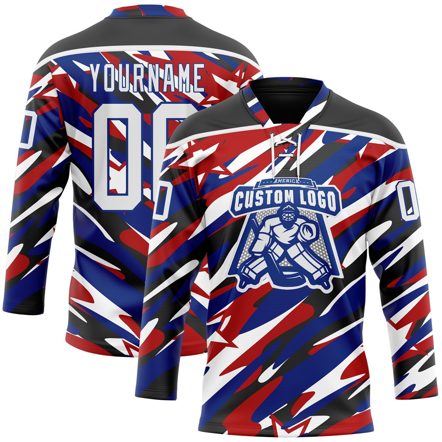 Custom Black White Red-Royal American Flag Hockey Lace Neck Jersey