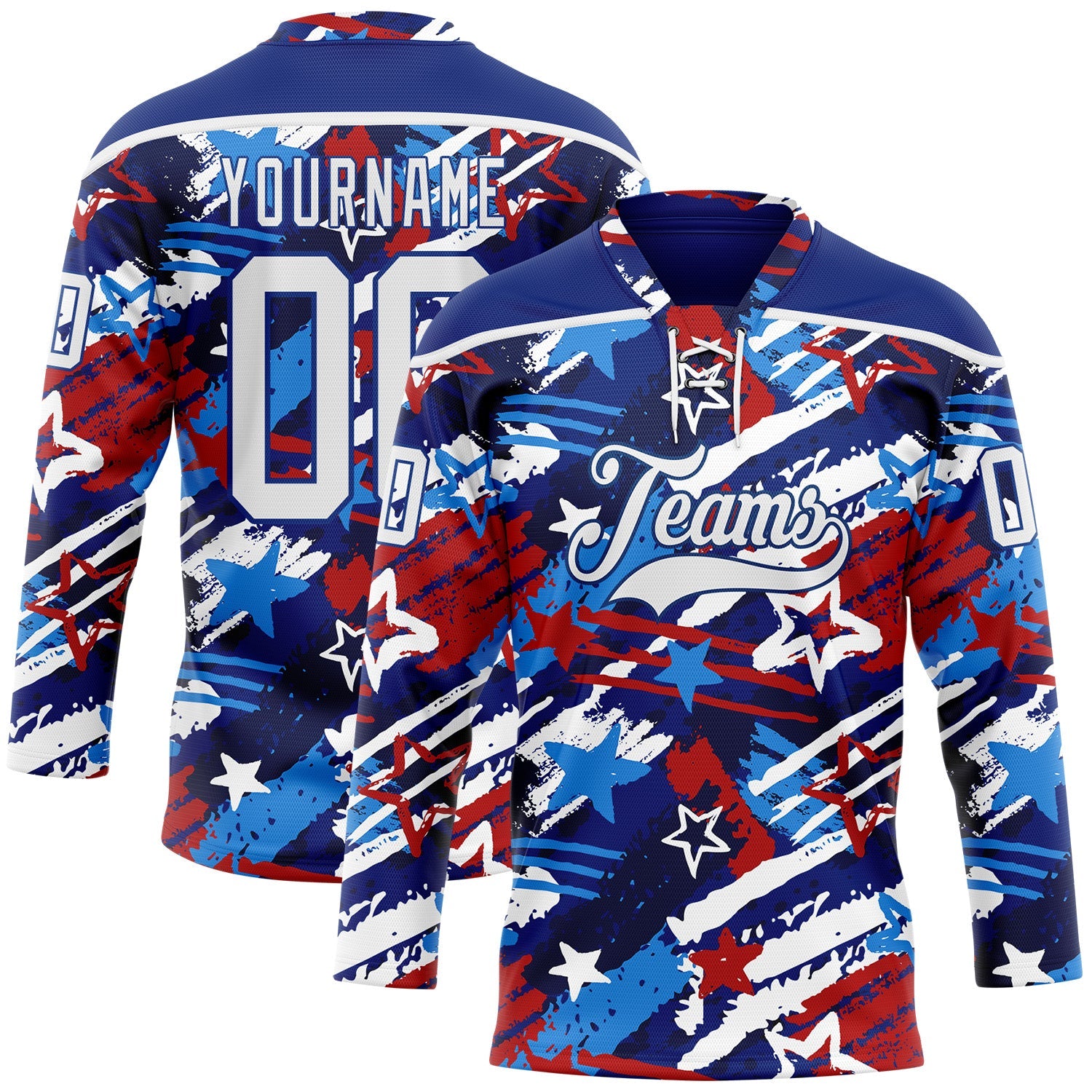Custom Royal White-Red American Flag Hockey Lace Neck Jersey