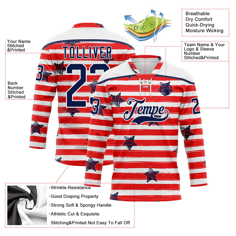 Custom White Navy Red-White American Flag Hockey Lace Neck Jersey