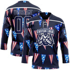 Custom Navy Red Royal-White American Flag Hockey Lace Neck Jersey