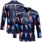 Custom Navy Red Royal-White American Flag Hockey Lace Neck Jersey