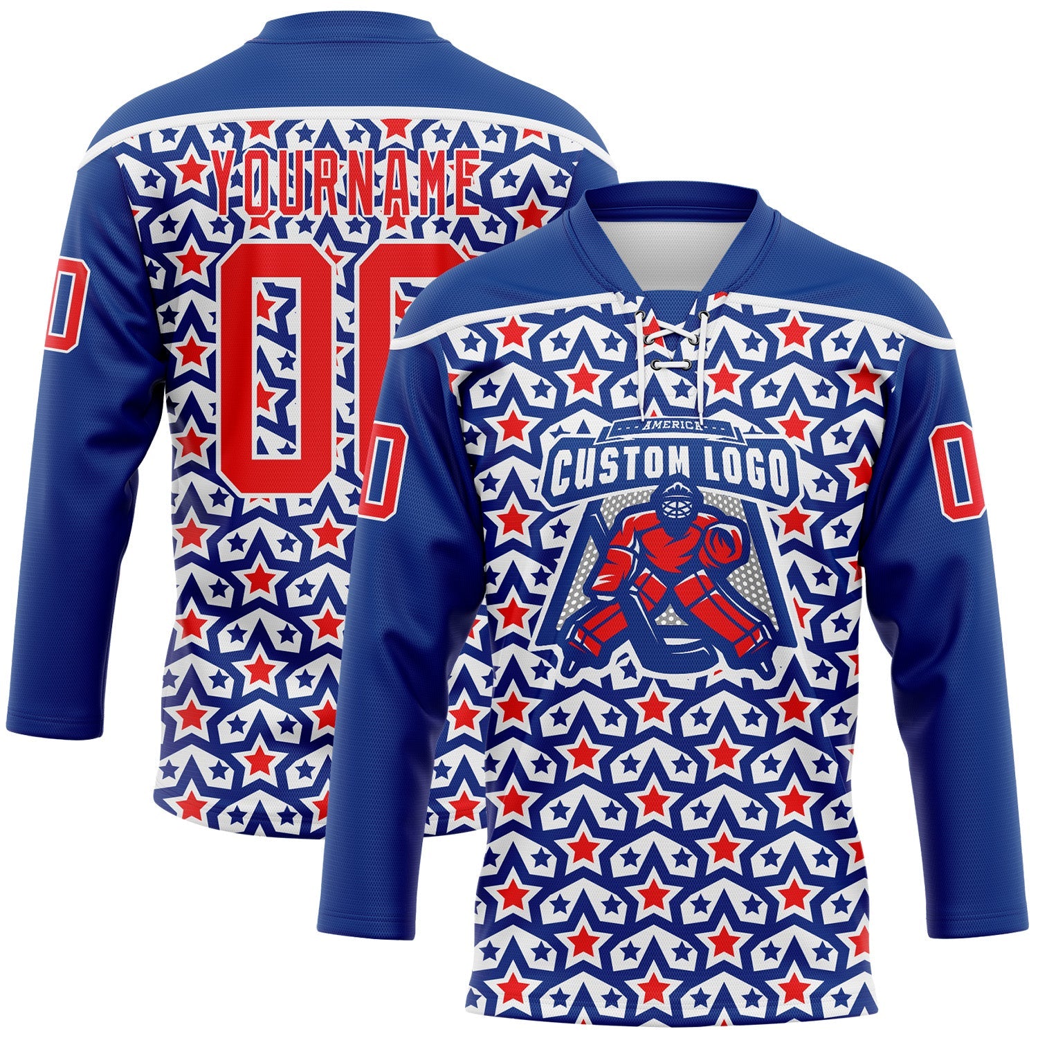 Custom Royal Fire Red-White American Flag Hockey Lace Neck Jersey