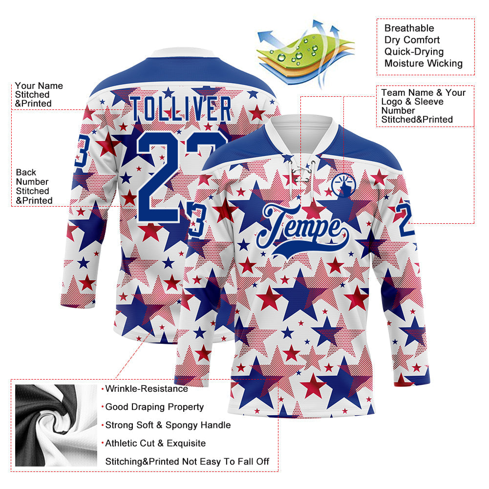 Custom White Royal-Red American Flag Hockey Lace Neck Jersey