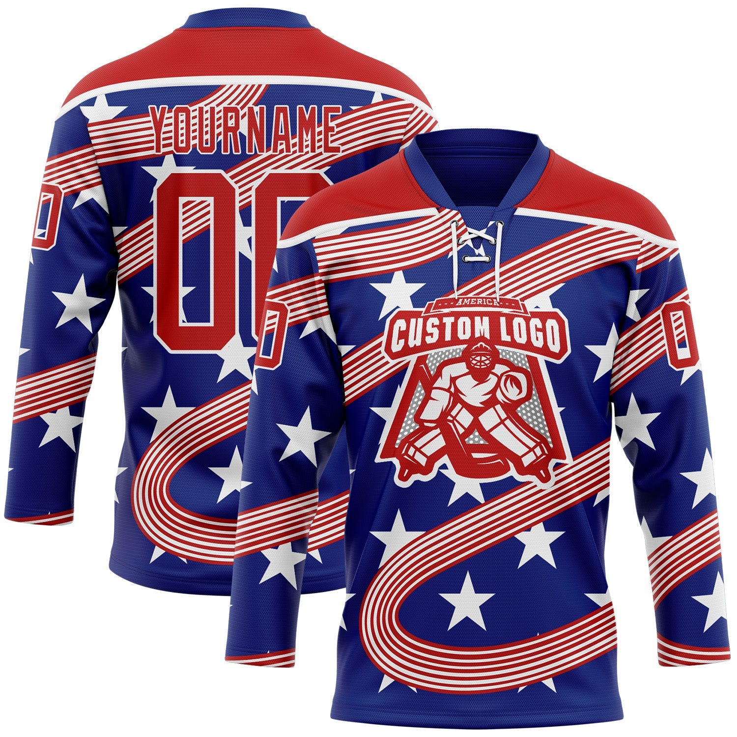 Custom Royal Red-White American Flag Hockey Lace Neck Jersey