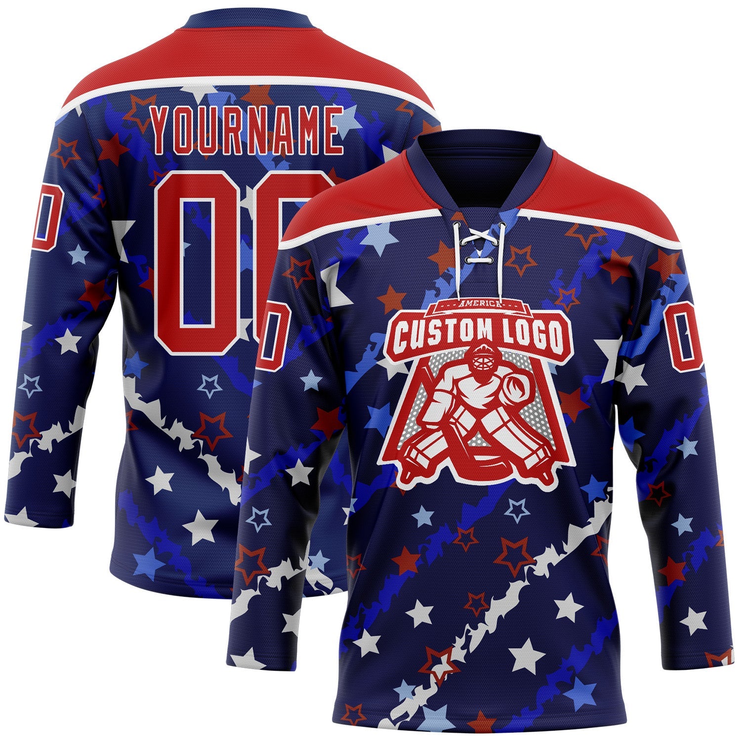 Custom Blue Red-White American Flag Hockey Lace Neck Jersey