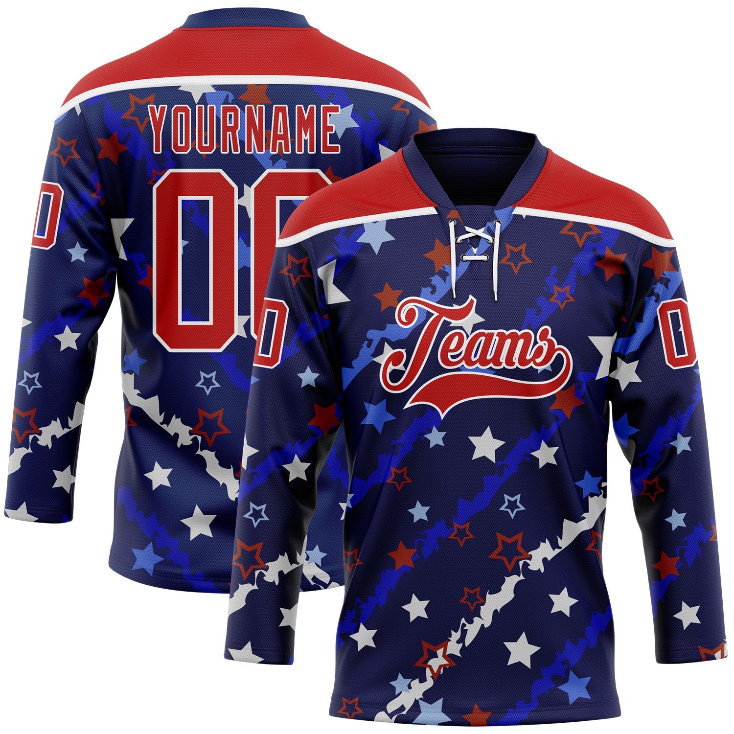 Custom Blue Red-White American Flag Hockey Lace Neck Jersey