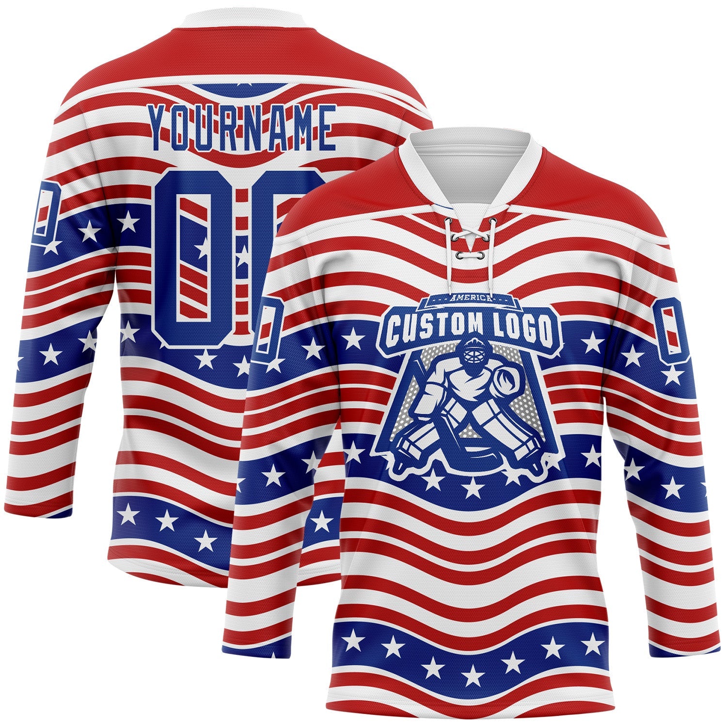 Custom White Royal-Red American Flag Hockey Lace Neck Jersey