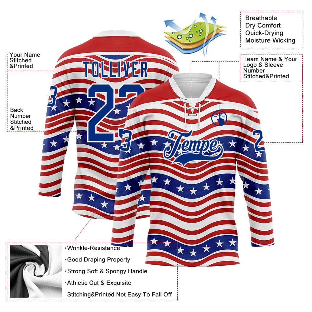Custom White Royal-Red American Flag Hockey Lace Neck Jersey
