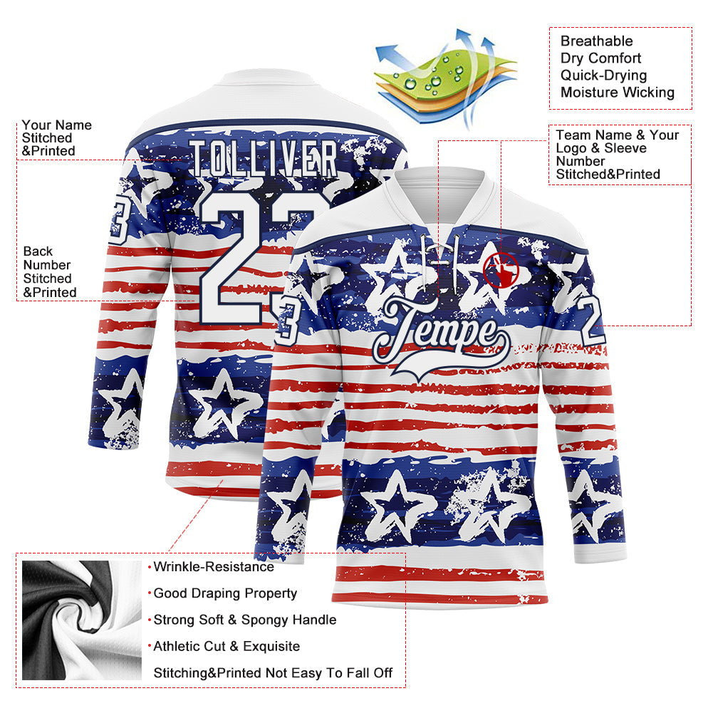 Custom White Red-Navy American Flag Painted Hockey Lace Neck Jersey