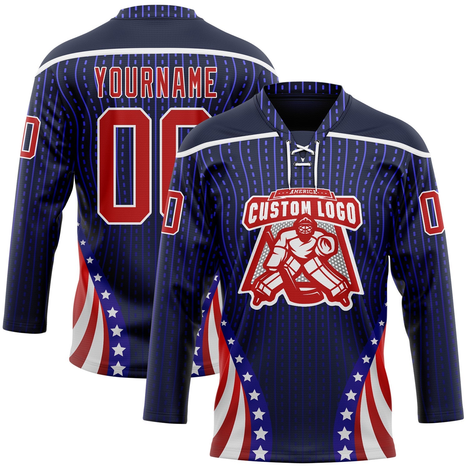 Custom Navy Red Royal-White American Flag Hockey Lace Neck Jersey