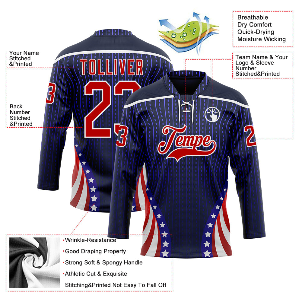 Custom Navy Red Royal-White American Flag Hockey Lace Neck Jersey