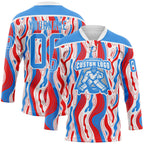 Custom White Powder Blue-Red American Flag Hockey Lace Neck Jersey