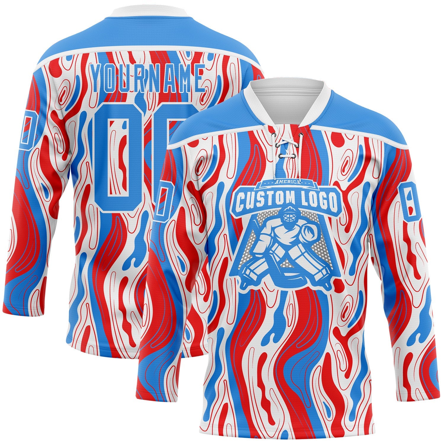 Custom White Powder Blue-Red American Flag Hockey Lace Neck Jersey