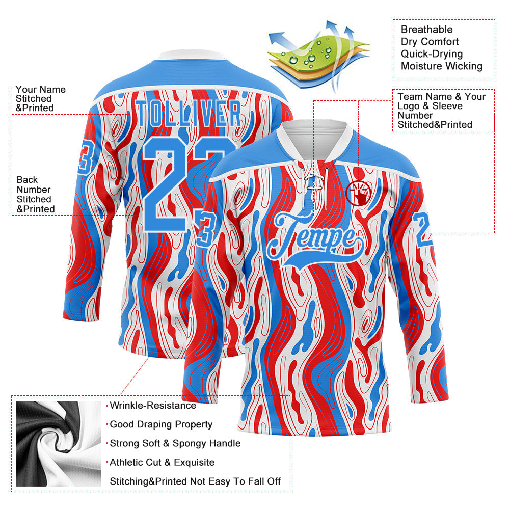 Custom White Powder Blue-Red American Flag Hockey Lace Neck Jersey