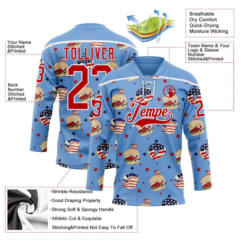 Custom Light Blue Red-White American Flag Hockey Lace Neck Jersey