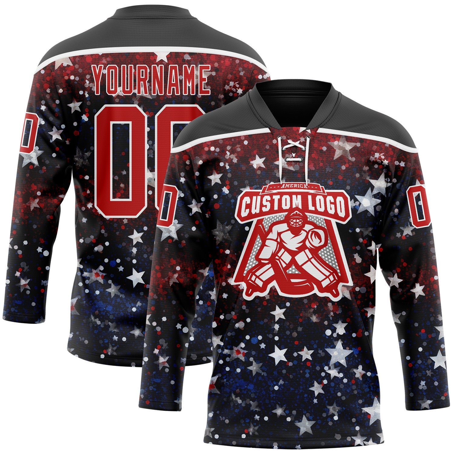 Custom Black Red-White American Flag Hockey Lace Neck Jersey