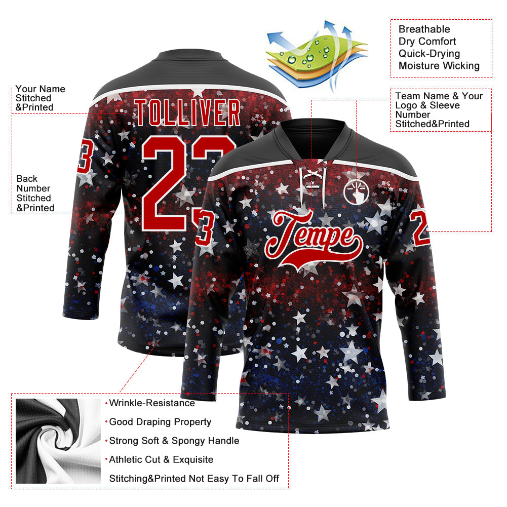 Custom Black Red-White American Flag Hockey Lace Neck Jersey