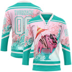 Custom Aqua White-Pink 3D Pattern Design Foodie Funny Ice Cream Hockey Lace Neck Jersey