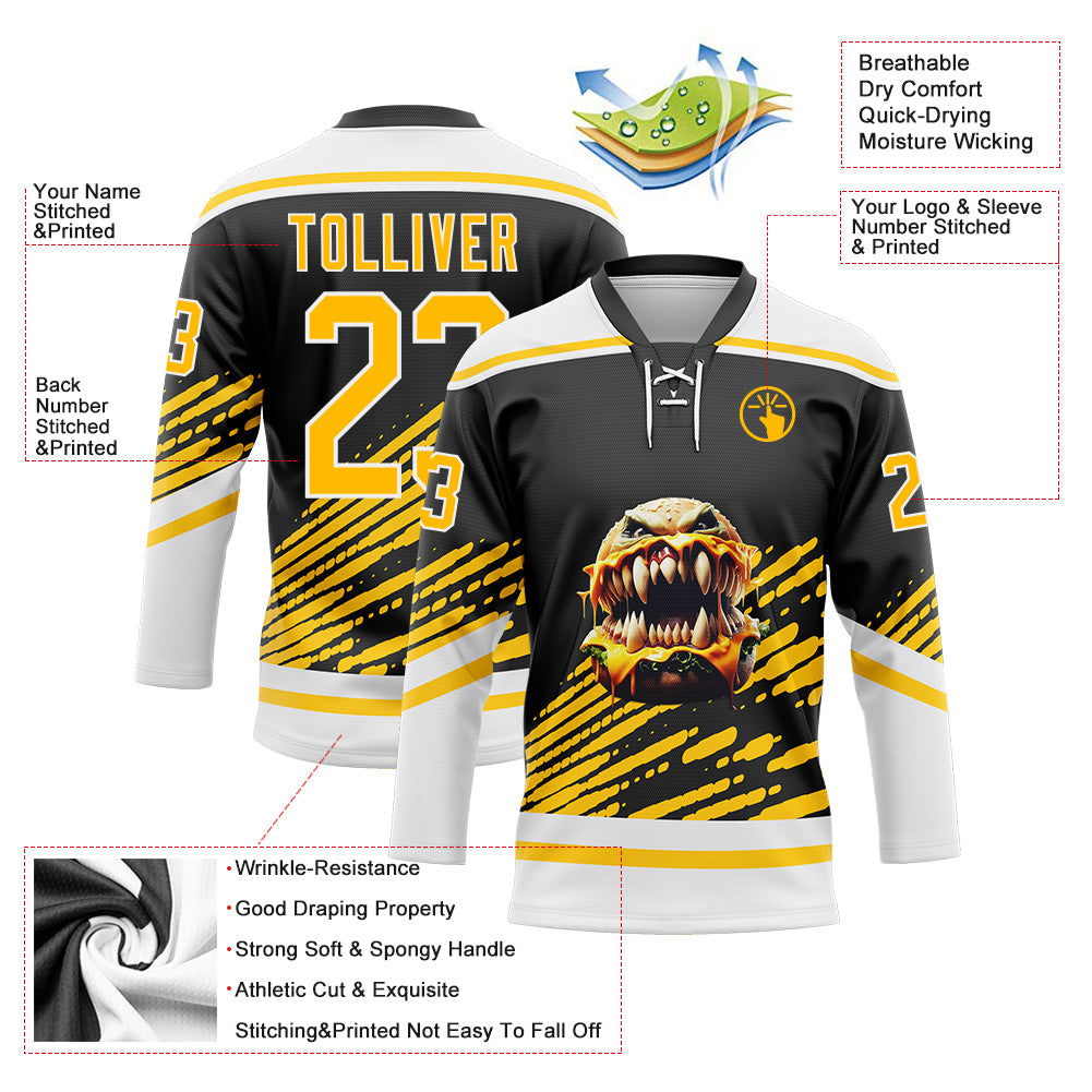 Custom Black Yellow-White 3D Pattern Design Foodie Funny Hamberger Hockey Lace Neck Jersey