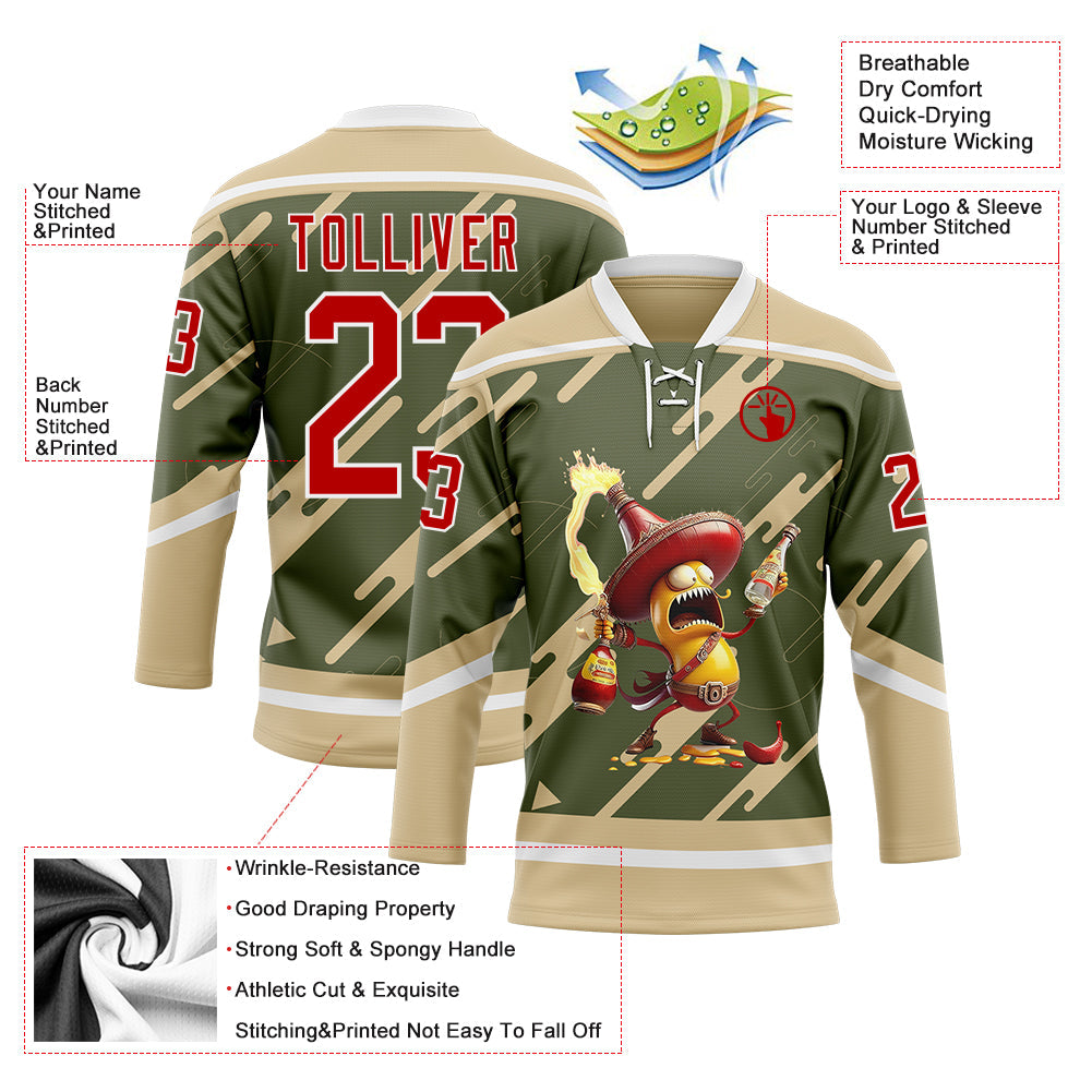Custom Olive Red Vegas Gold-White 3D Pattern Design Foodie Funny Hot Sauce Chili Hockey Lace Neck Jersey