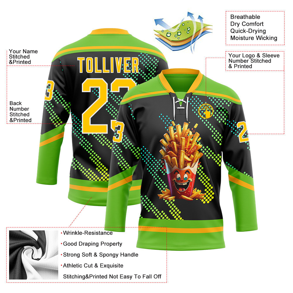 Custom Aurora Green Gold Black-White 3D Pattern Design Foodie Funny Fries Hockey Lace Neck Jersey