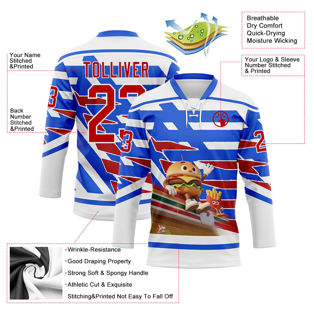 Custom White Red-Thunder Blue 3D Pattern Design Foodie Funny Hamberger Fries Hockey Lace Neck Jersey