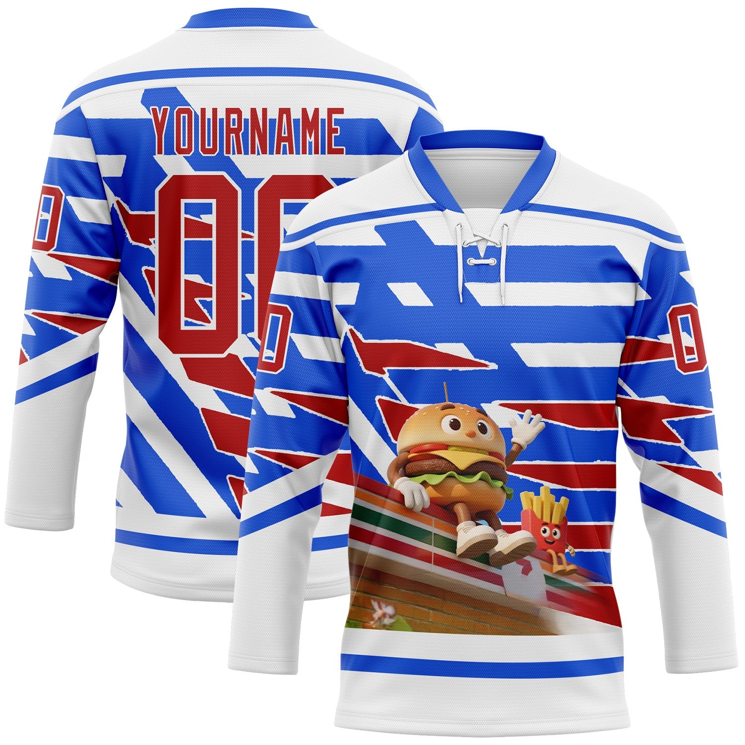 Custom White Red-Thunder Blue 3D Pattern Design Foodie Funny Hamberger Fries Hockey Lace Neck Jersey