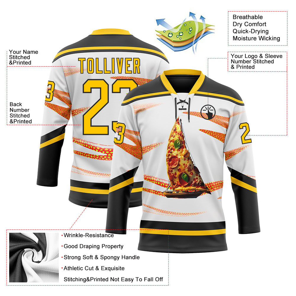 Custom White Yellow-Black 3D Pattern Design Foodie Funny Pizza Hockey Lace Neck Jersey