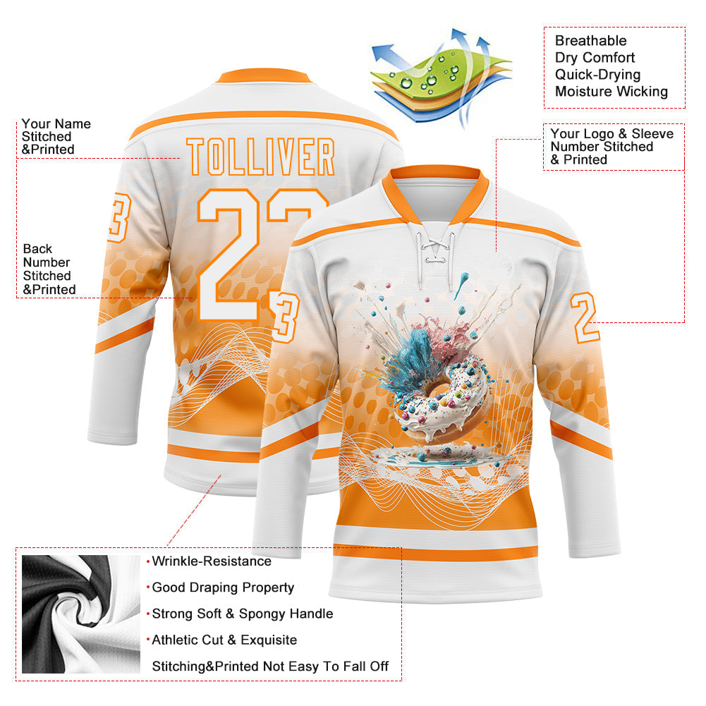 Custom White Bay Orange 3D Pattern Design Foodie Funny Donuts Hockey Lace Neck Jersey
