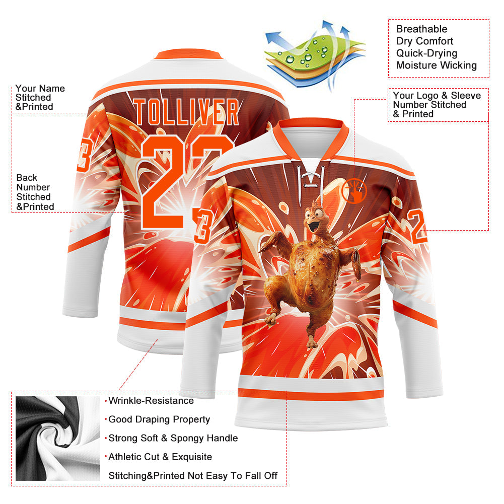 Custom White Orange 3D Pattern Design Foodie Funny Thanksgiving Turkey Hockey Lace Neck Jersey