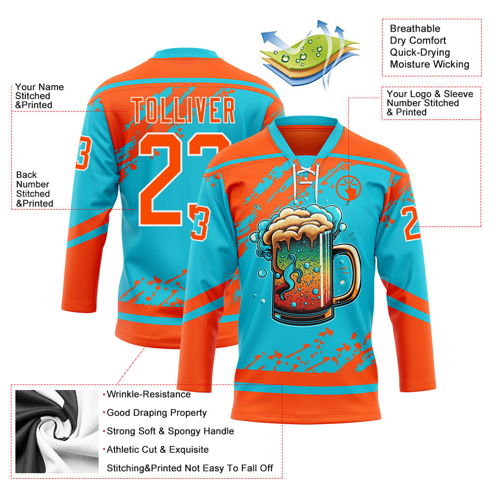 Custom Lakes Blue Orange-White 3D Pattern Design Foodie Funny Beer Hockey Lace Neck Jersey
