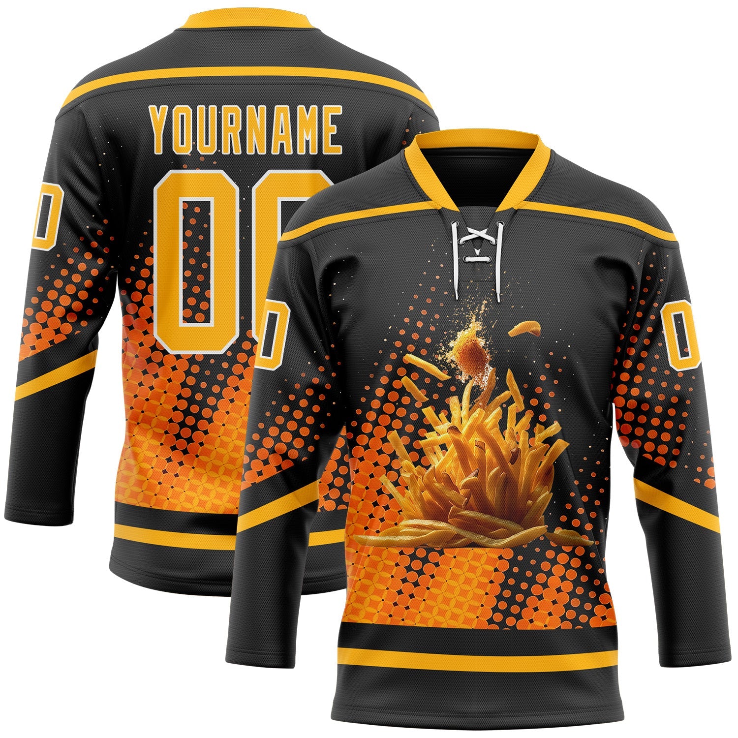 Custom Black Gold-White 3D Pattern Design Foodie Funny Fries Hockey Lace Neck Jersey