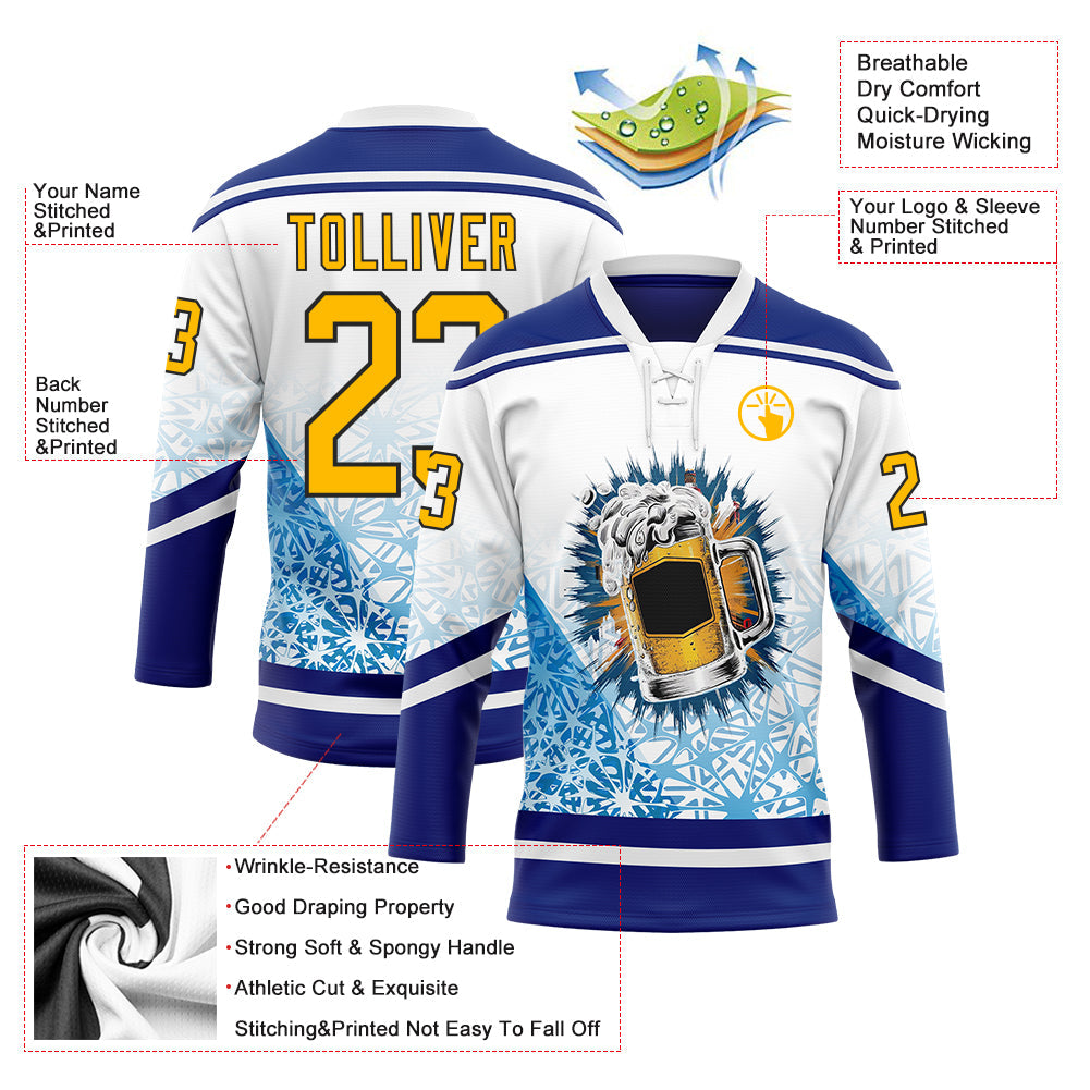 Custom Royal Gold Black-White 3D Pattern Design Foodie Funny Beer Hockey Lace Neck Jersey