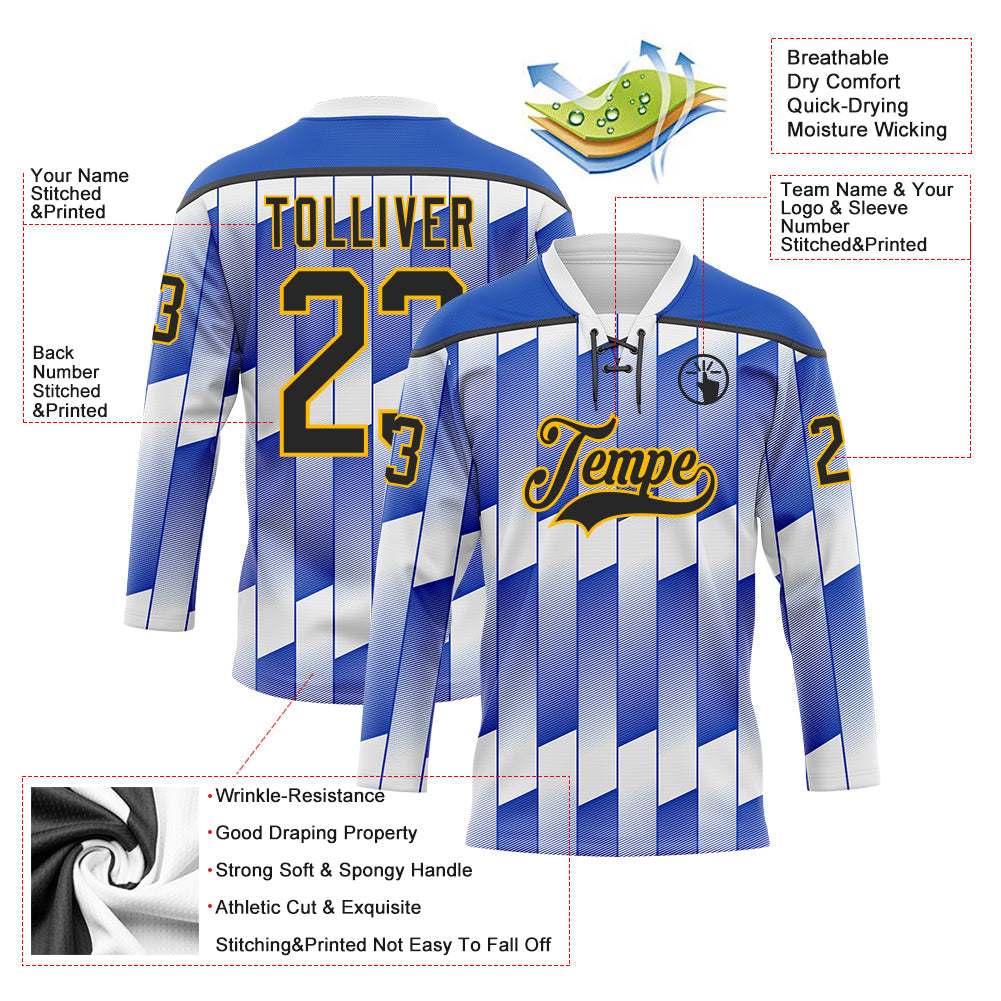 Custom White Black Thunder Blue-Gold 3D Pattern Design Stripe Gradient Hockey Lace Neck Jersey