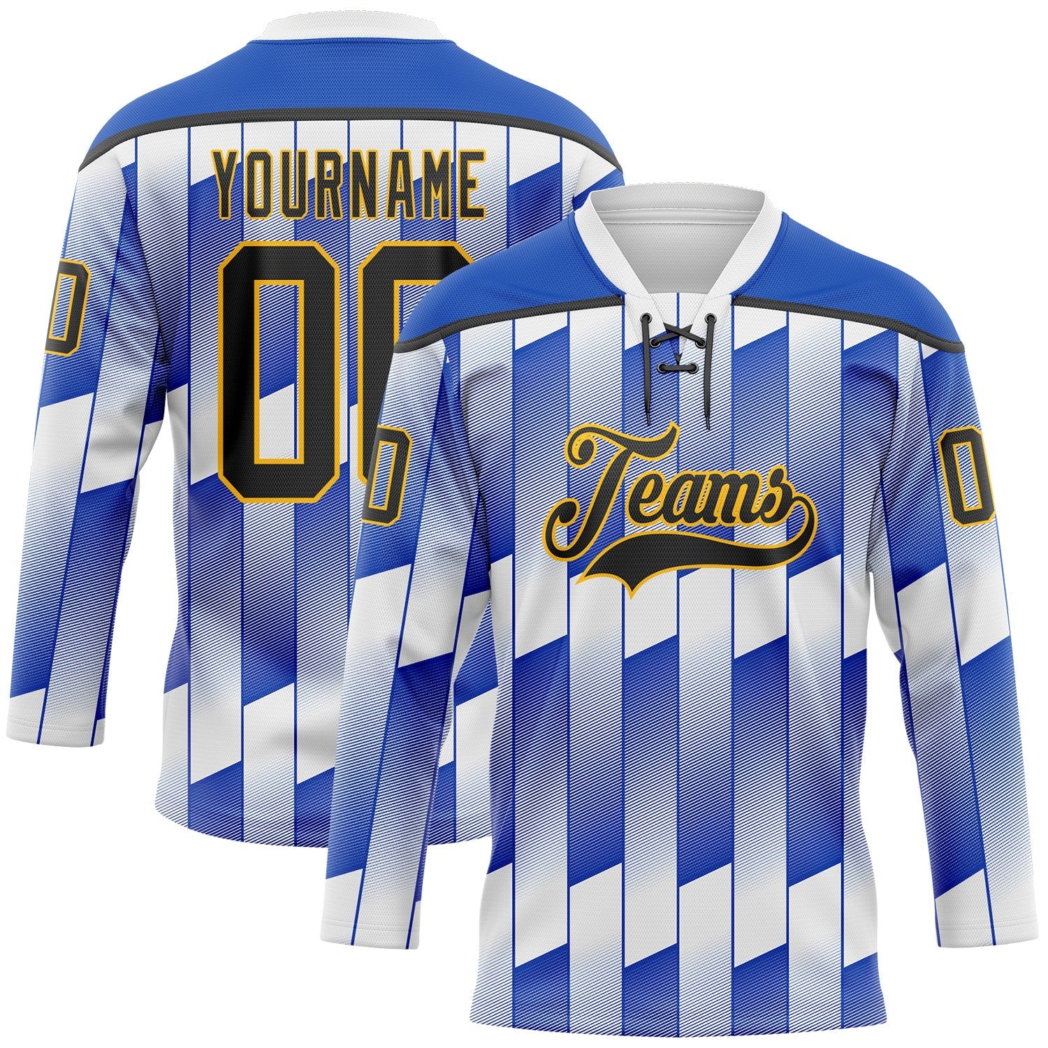 Custom White Black Thunder Blue-Gold 3D Pattern Design Stripe Gradient Hockey Lace Neck Jersey