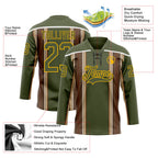 Custom Olive Brown Cream Gold-White 3D Pattern Design Stripe Hockey Lace Neck Jersey
