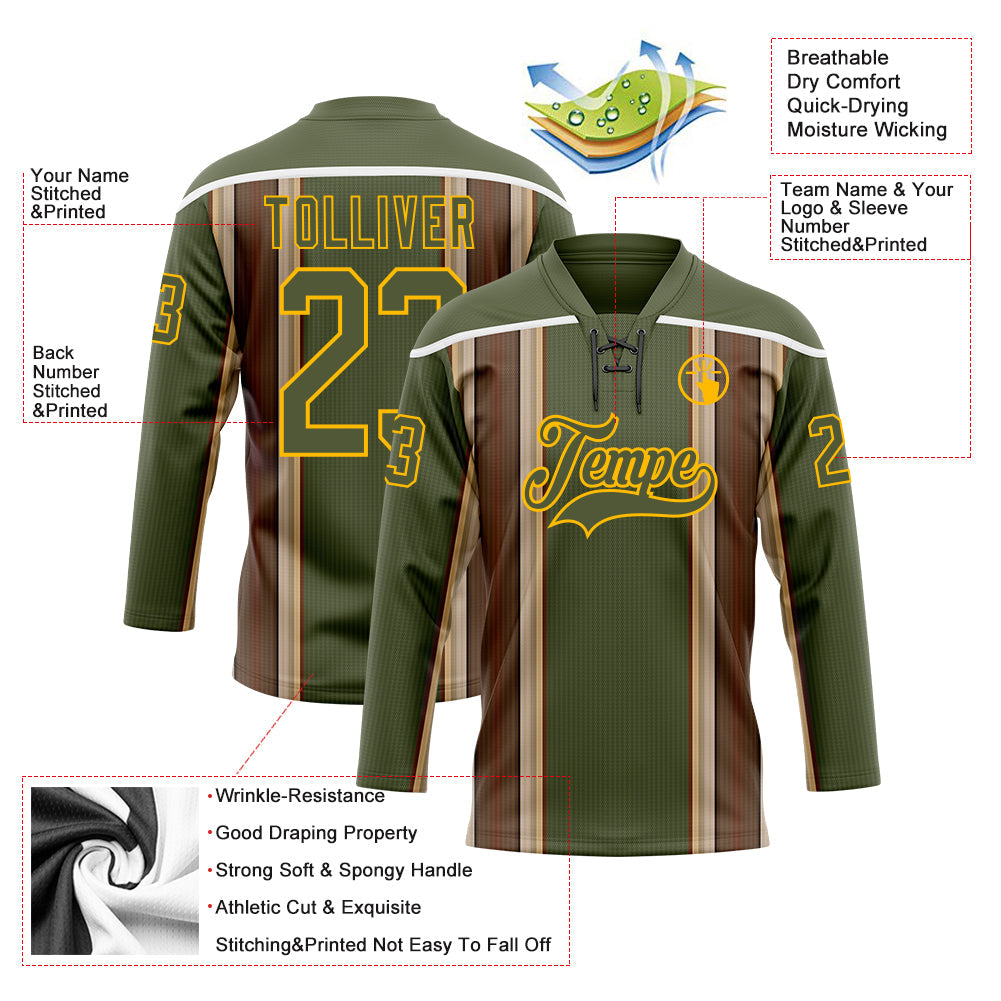 Custom Olive Brown Cream Gold-White 3D Pattern Design Stripe Hockey Lace Neck Jersey