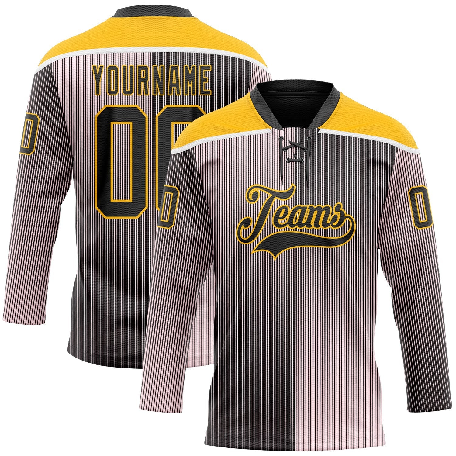 Custom Black Pink Gold-White 3D Pattern Design Stripe Gradient Hockey Lace Neck Jersey