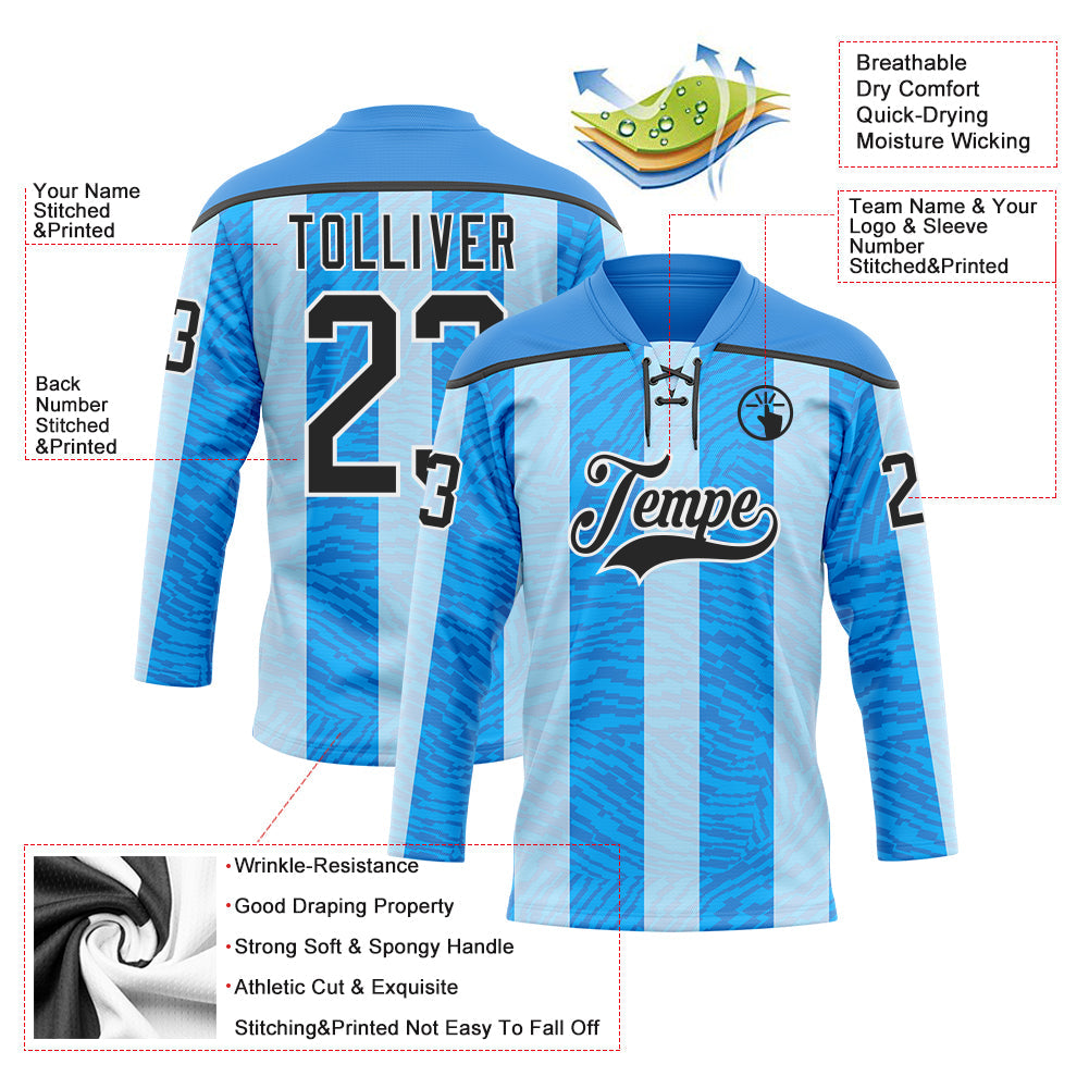 Custom Blue Black Powder Blue-White 3D Pattern Design Stripe Hockey Lace Neck Jersey