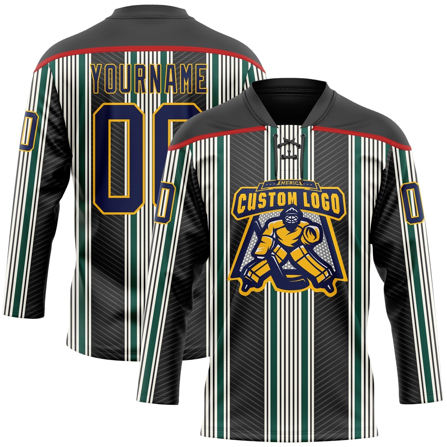 Custom Black Navy Green Red Gold-White 3D Pattern Design Stripe Hockey Lace Neck Jersey