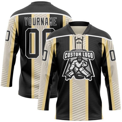 Custom Black Cream-White 3D Pattern Design Stripe Hockey Lace Neck Jersey