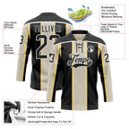 Custom Black Cream-White 3D Pattern Design Stripe Hockey Lace Neck Jersey