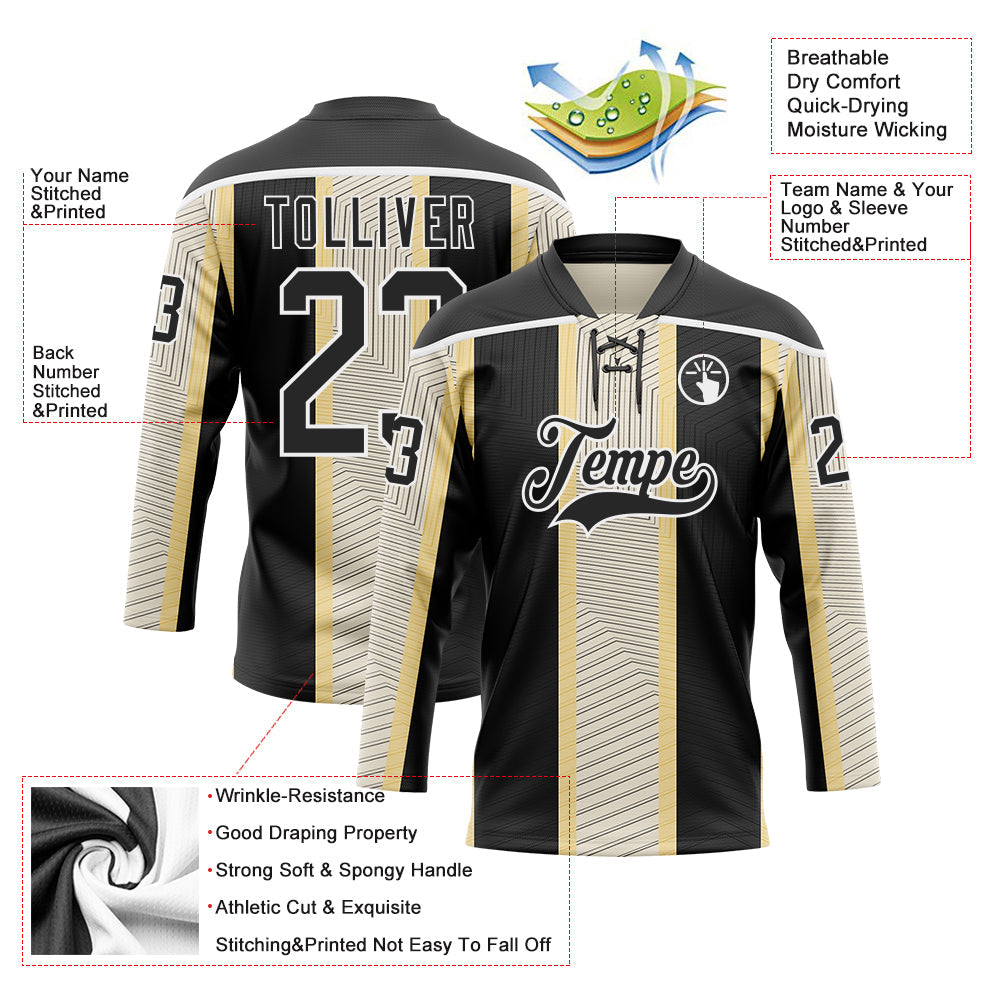 Custom Black Cream-White 3D Pattern Design Stripe Hockey Lace Neck Jersey