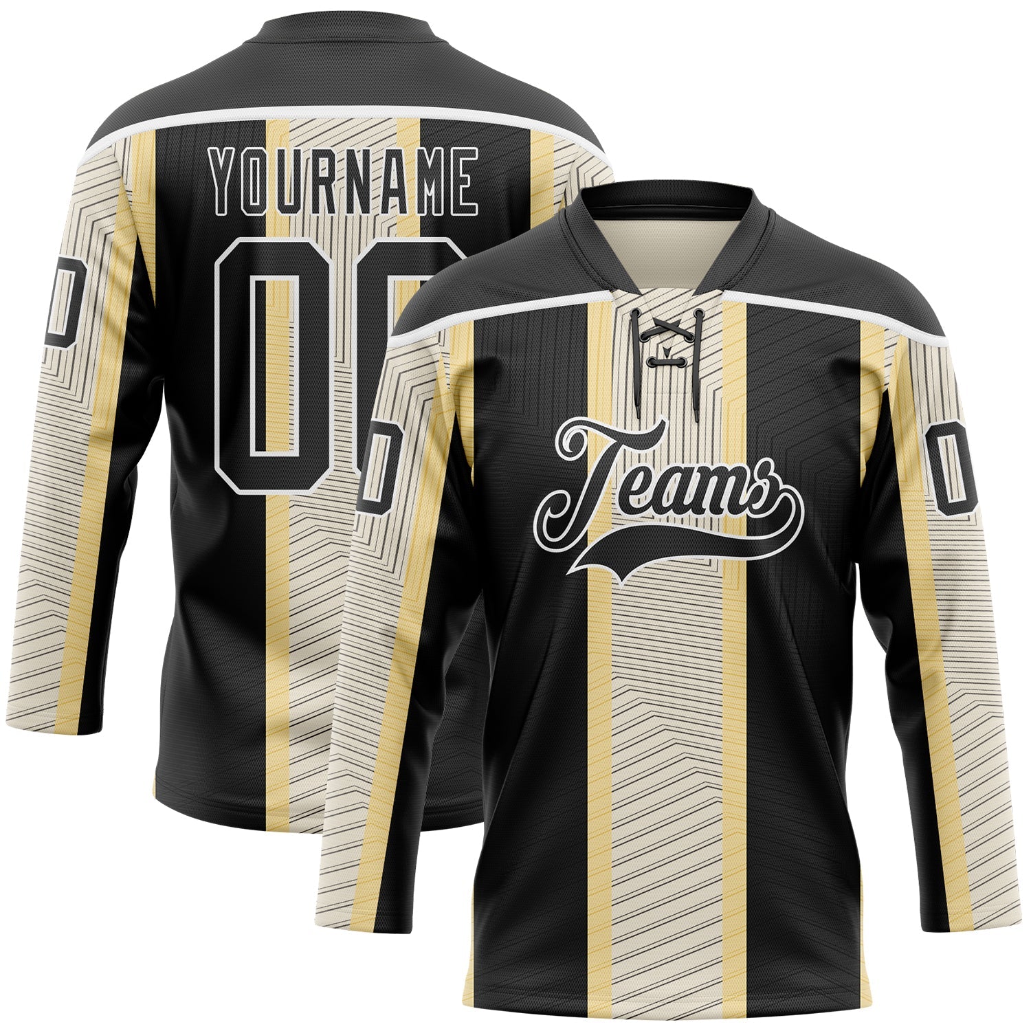 Custom Black Cream-White 3D Pattern Design Stripe Hockey Lace Neck Jersey