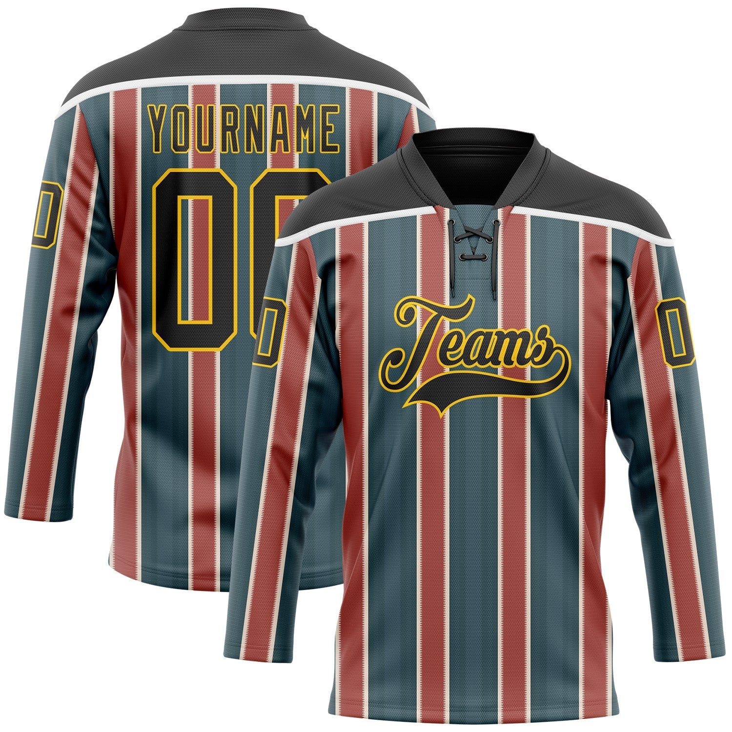 Custom Green Black Red Yellow-White 3D Pattern Design Stripe Hockey Lace Neck Jersey