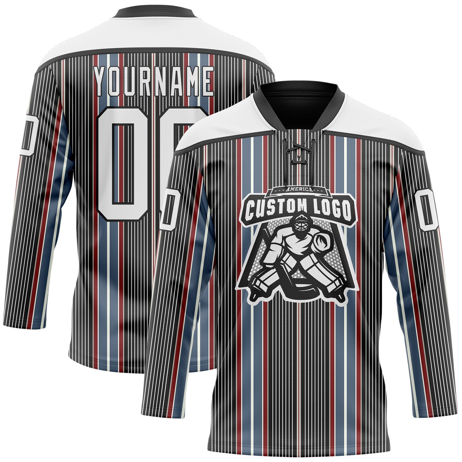 Custom Black White Red-Blue 3D Pattern Design Stripe Hockey Lace Neck Jersey