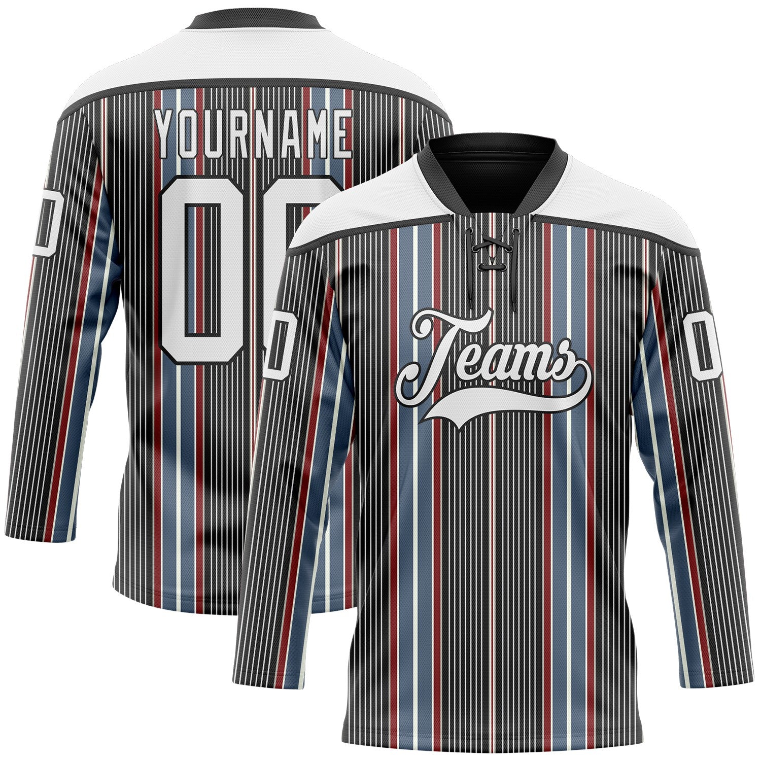 Custom Black White Red-Blue 3D Pattern Design Stripe Hockey Lace Neck Jersey