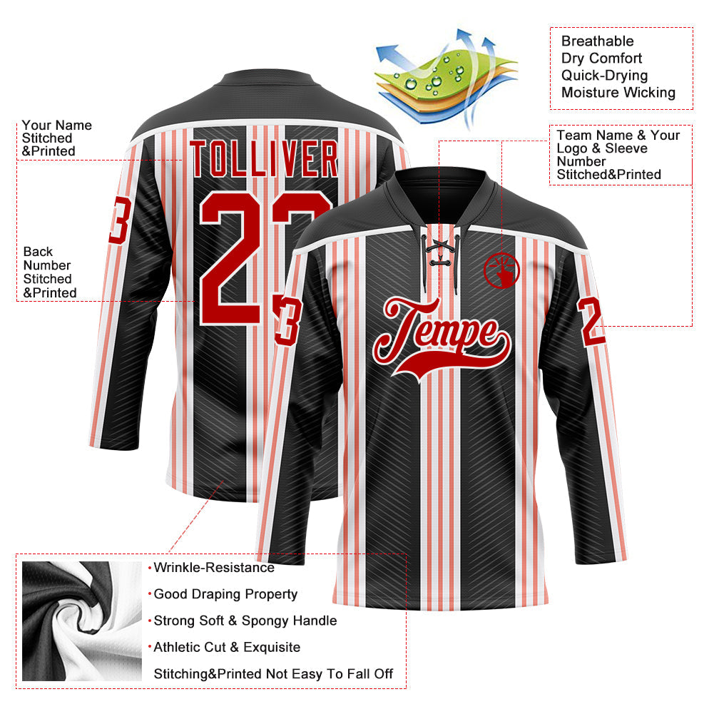 Custom Black Red Pink-White 3D Pattern Design Stripe Hockey Lace Neck Jersey