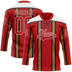 Custom Red Old Gold Black-White 3D Pattern Design Stripe Hockey Lace Neck Jersey